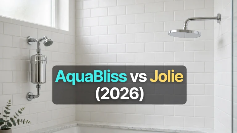 AquaBliss inline shower filter and Jolie filtered showerhead side by side in a white tiled shower