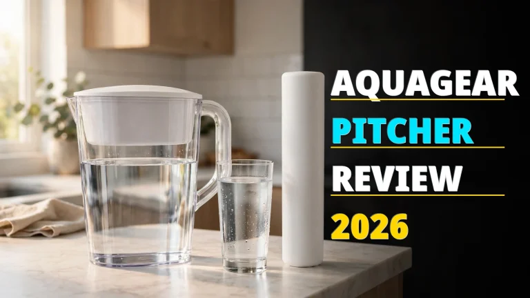 AQUAGEAR water filter pitcher and cartridge on a bright kitchen counter, with review headline on the right