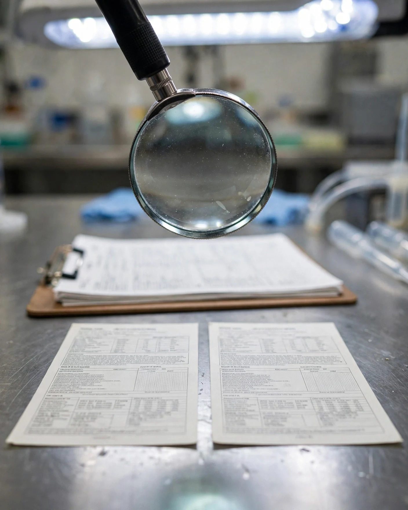 Magnifying glass over water filter specification cards on a testing workbench