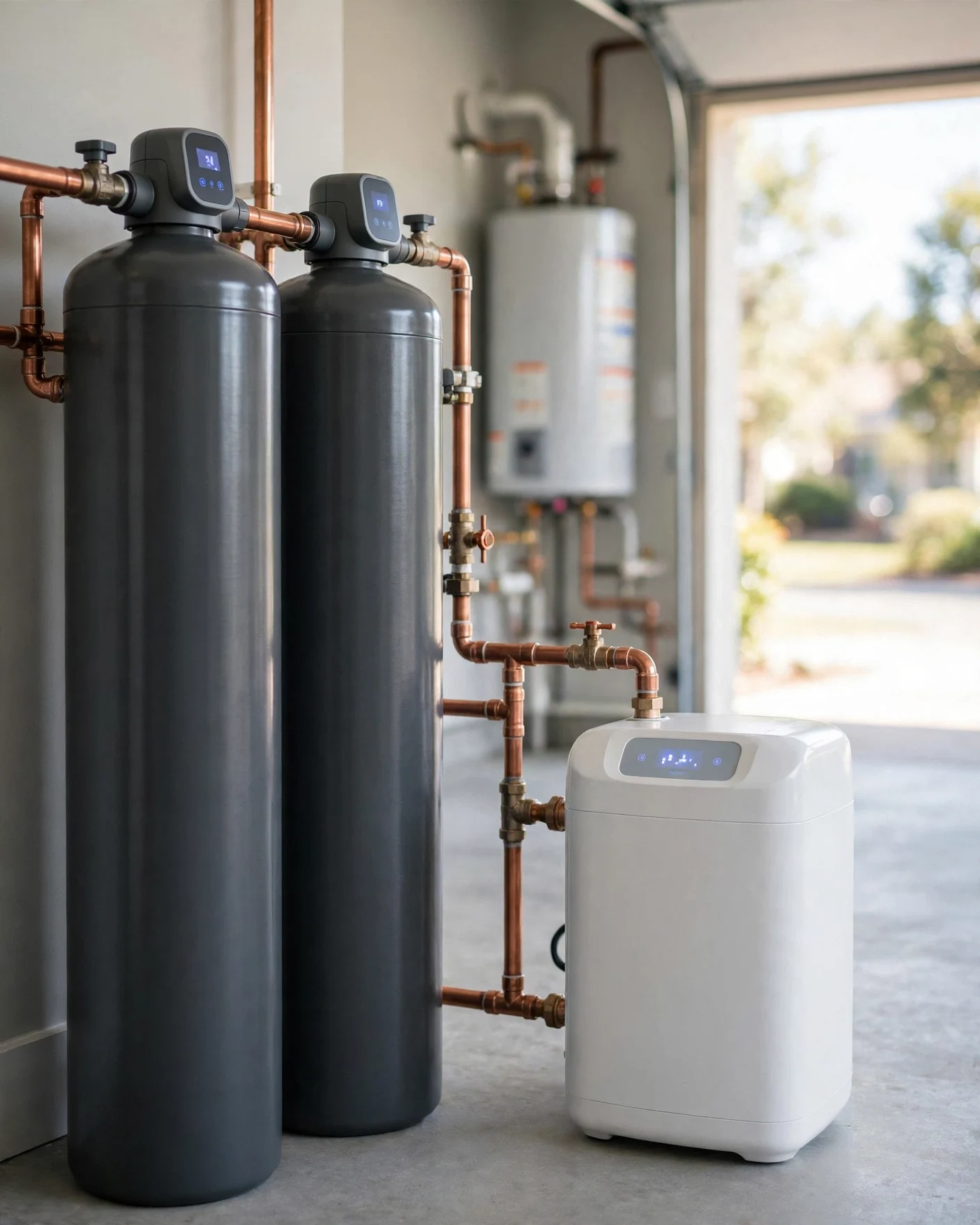 Aquasana Rhino twin-tank system beside the compact HealthShield single tank in a residential garage