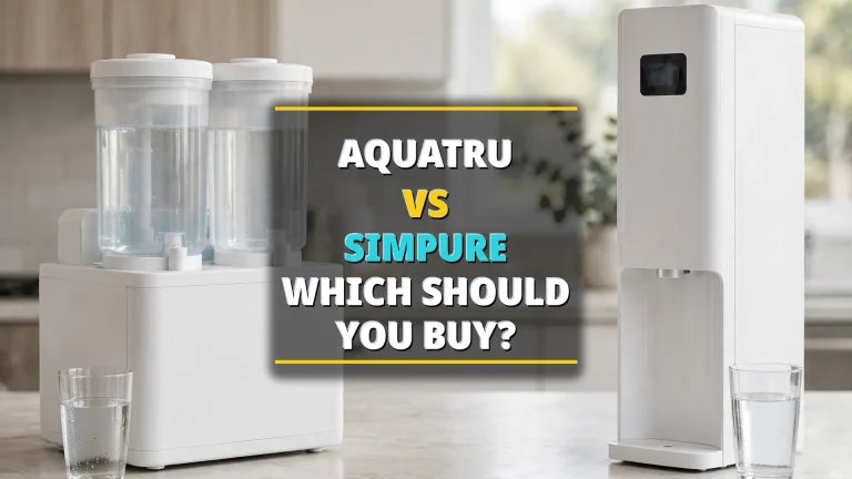 AquaTru vs SimPure countertop reverse osmosis systems side by side in a kitchen