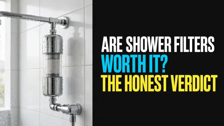 Are shower filters worth it — chrome inline shower filter on a tiled wall, headline Are Shower Filters Worth It? The Honest Verdict