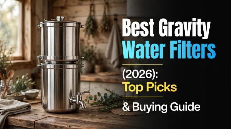 Best gravity water filters (2026) — stainless-steel gravity filter urn with spigot on a rustic wooden countertop