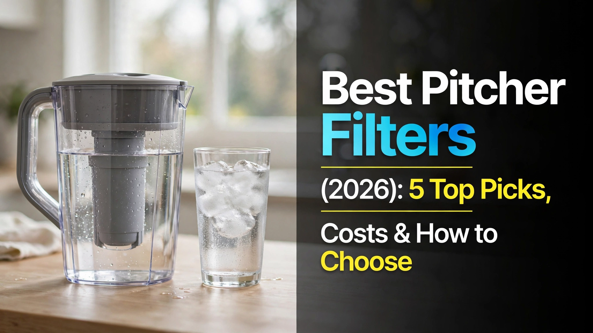 Top-rated water filter pitchers lined up on a kitchen counter