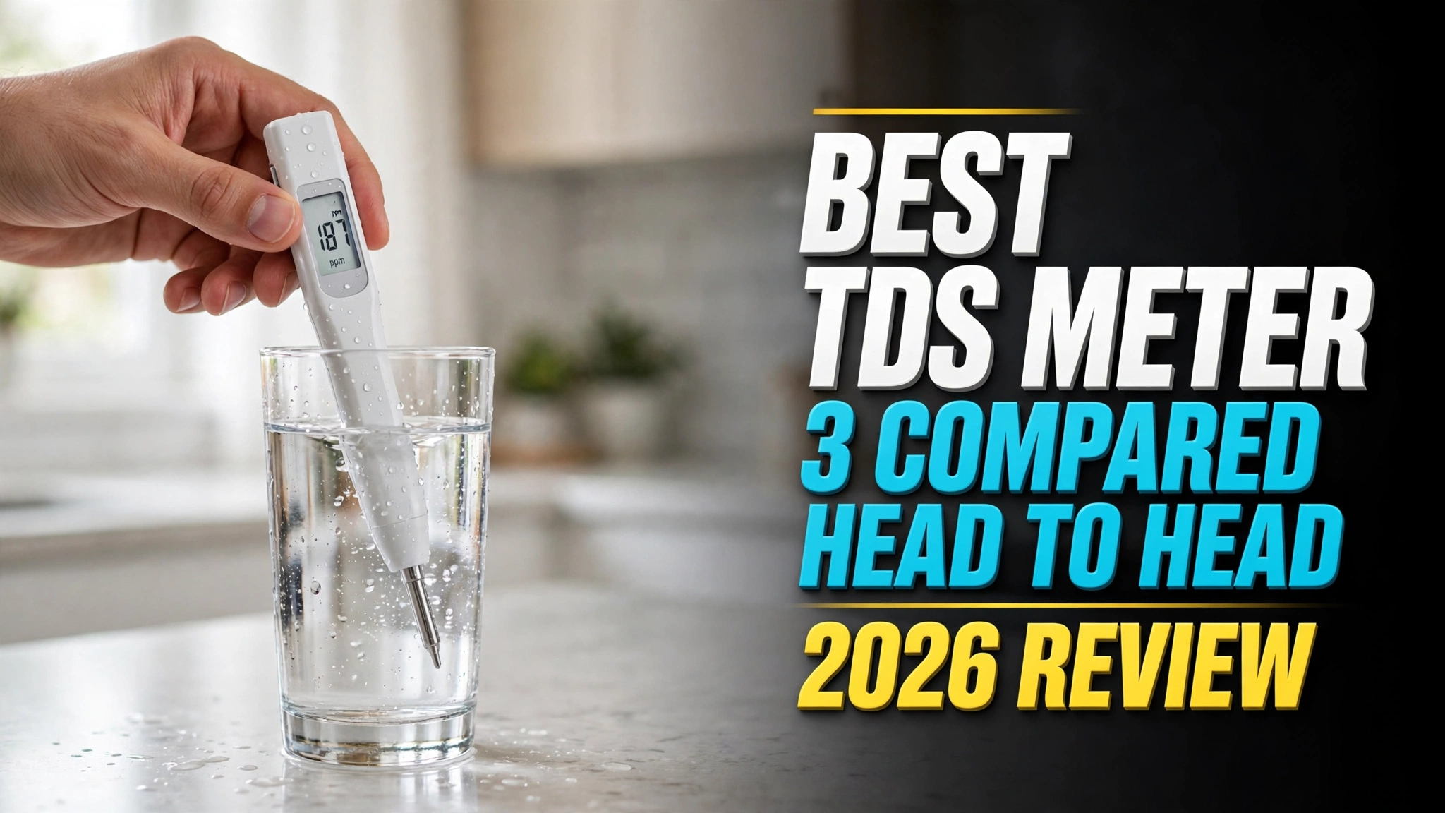 Hand dipping a white digital TDS meter into a glass of water, headline: Best TDS Meter — 3 Compared Head to Head, 2026 Review