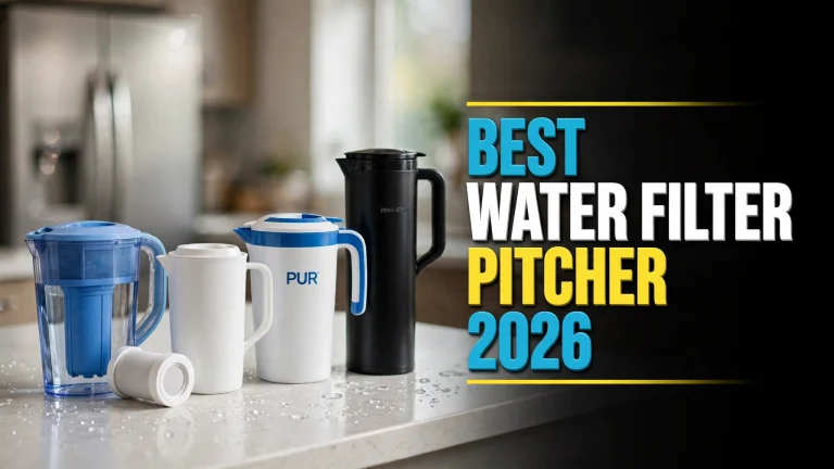 Four different water filter pitchers on a kitchen counter — best water filter pitcher 2026 lineup