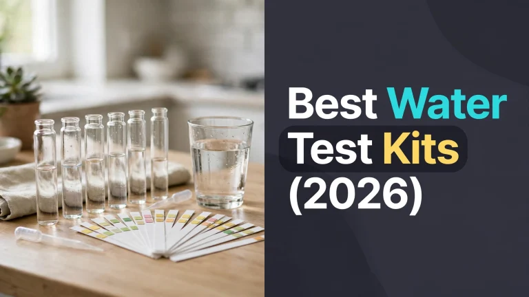 A home water test kit arrangement with vials, strips and a glass of water
