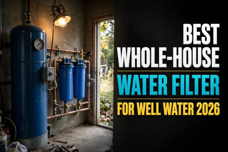 Best whole-house water filter for well water: pressure tank and filter housings on copper pipes in a well pump house