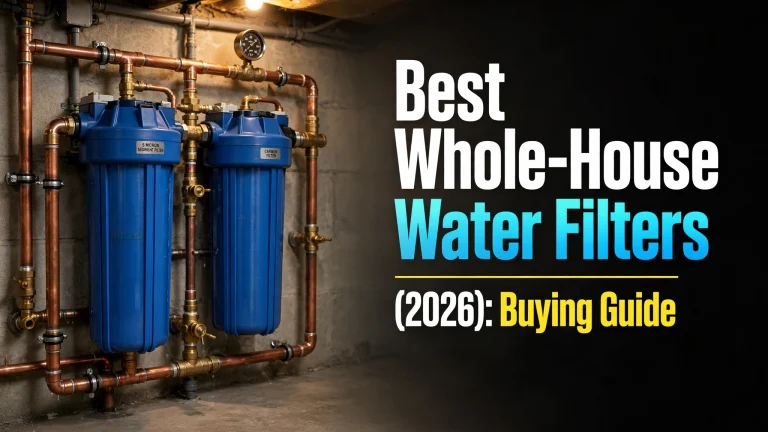 Best whole-house water filters (2026) — blue filter housings with copper pipes and a pressure gauge mounted on a basement wall