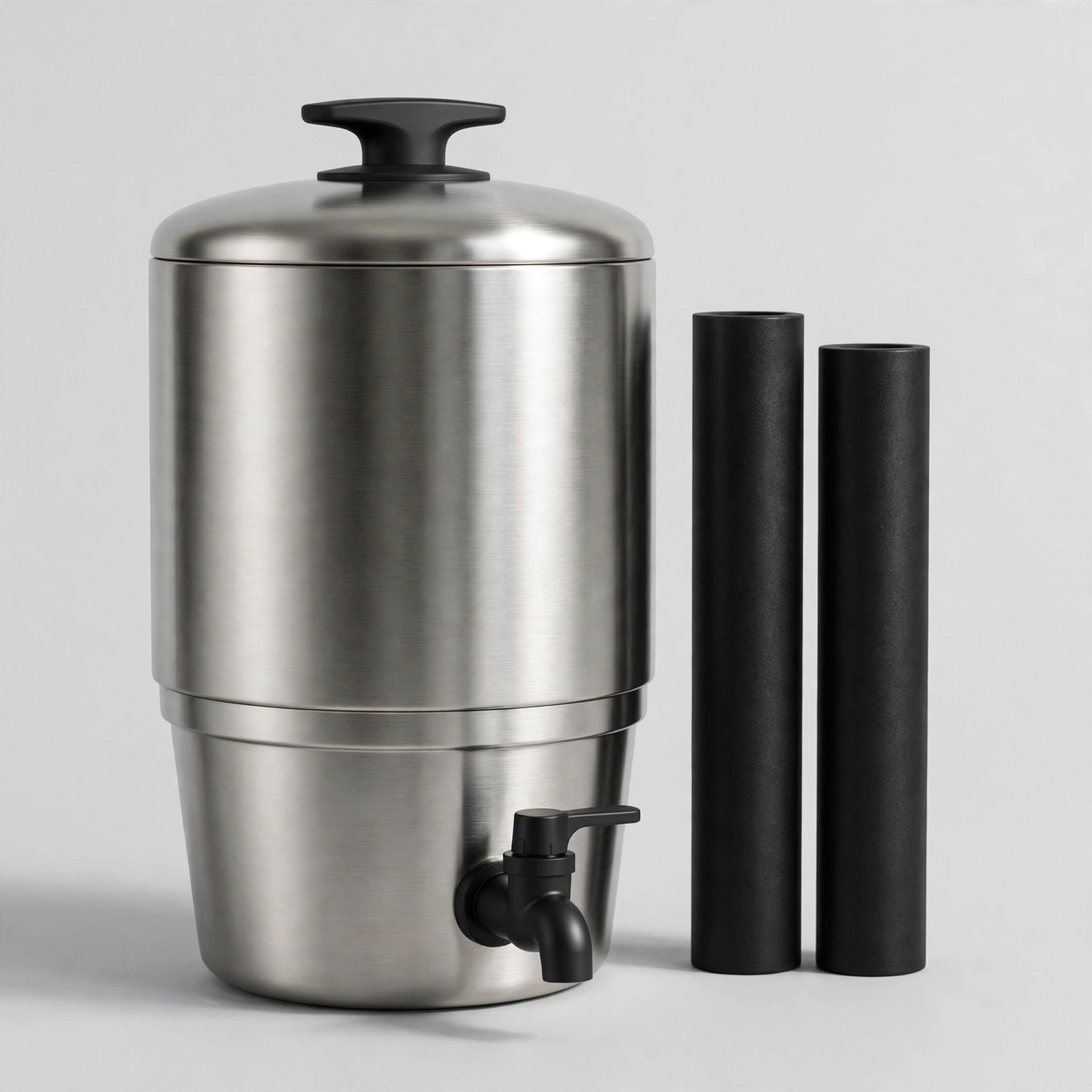 Boroux Legacy stainless gravity filter with a matte black spigot and two filter elements