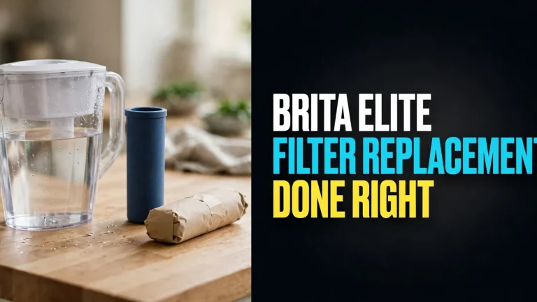 Brita Elite filter replacement — a filter pitcher with a blue Elite cartridge and a fresh wrapped spare on a kitchen counter