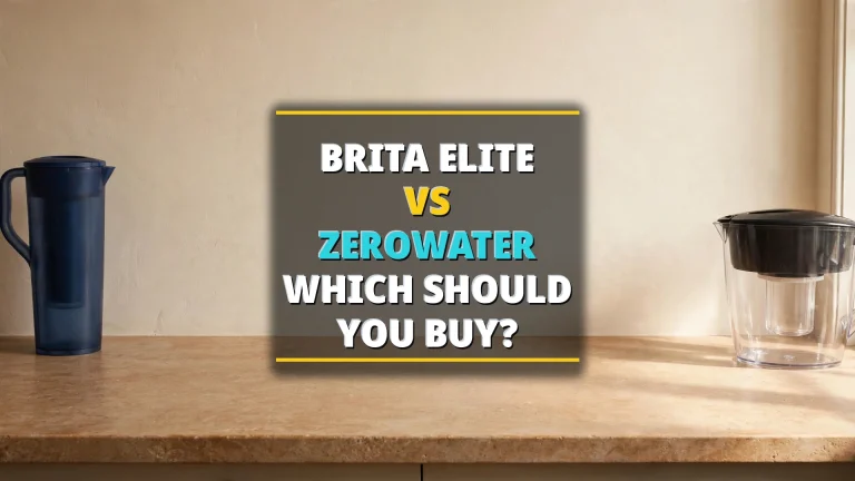 Brita Elite vs ZeroWater — two unlabeled pitchers and two glasses of water on a grey granite kitchen counter