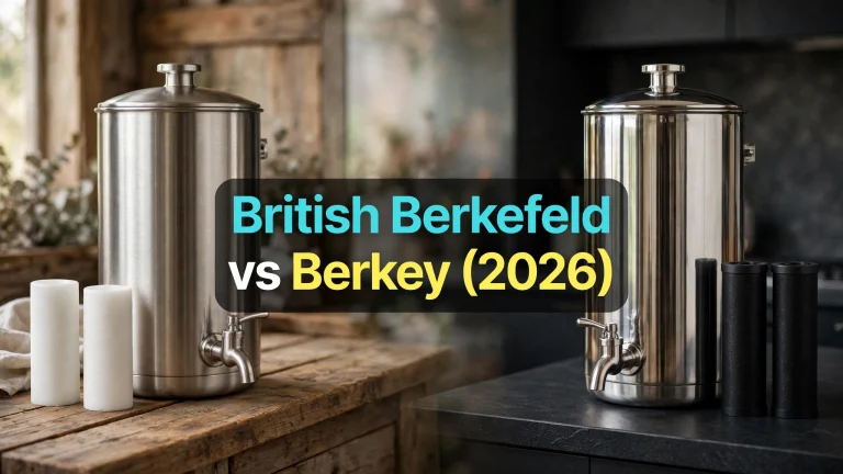 British Berkefeld and Big Berkey stainless gravity filters side by side with their filter elements