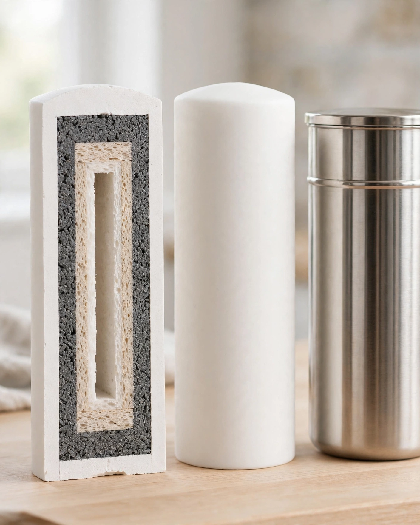 Two white ceramic filter candles beside a stainless chamber, one showing its core