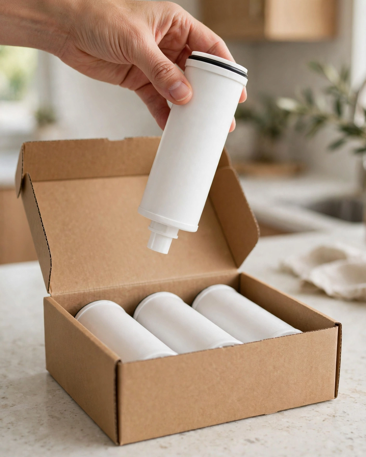 A hand lifting a cartridge from a multipack box of four