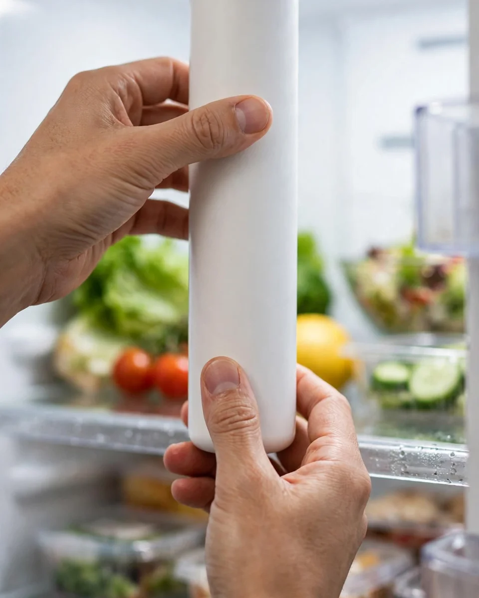 Hands twisting a fresh white filter cartridge into its housing inside a refrigerator