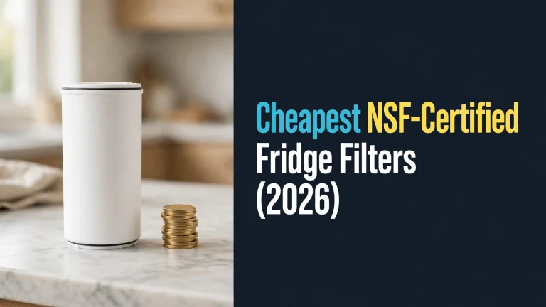 A single fridge cartridge beside a small stack of coins on a kitchen counter