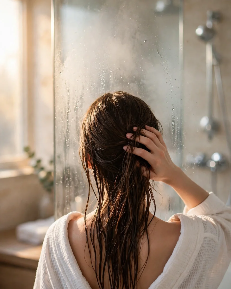 Woman in a bathrobe running her fingers through damp hair after a shower, checking how it feels