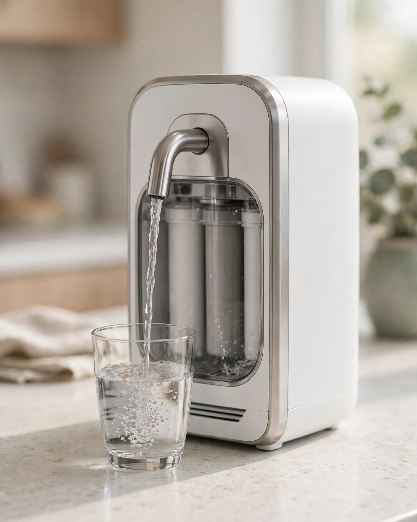 A countertop reverse osmosis appliance on a kitchen counter dispensing filtered water into a glass