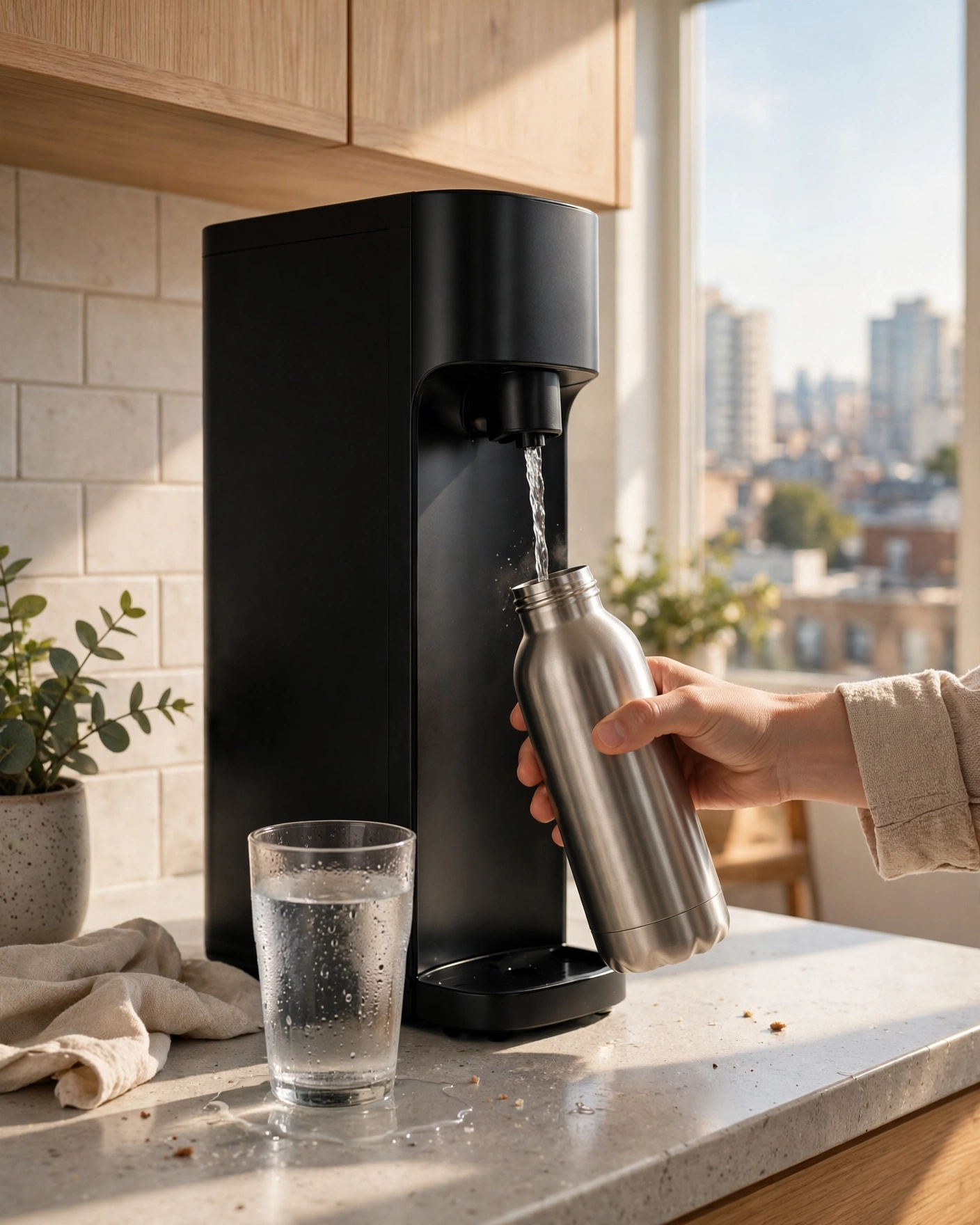 Hand filling a reusable bottle at a countertop RO dispenser in a bright apartment kitchen