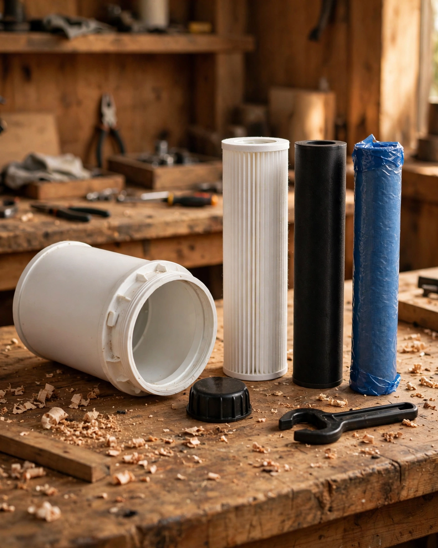 Empty whole-house filter housing with sediment, carbon block and specialty cartridges and a wrench