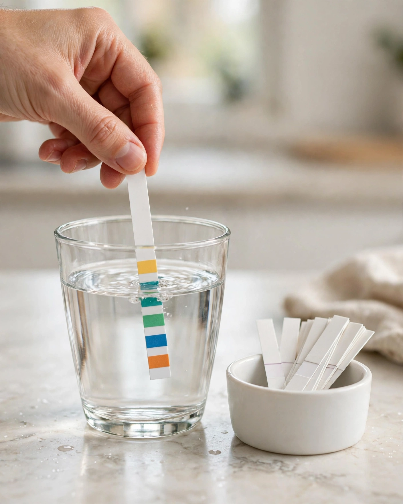 A hand dipping a test strip into a glass of water