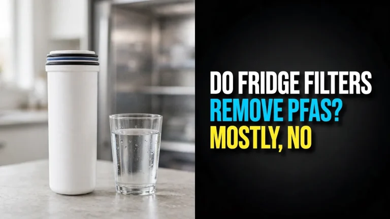 Do fridge filters remove PFAS — a plain refrigerator cartridge beside a glass of water on a kitchen counter