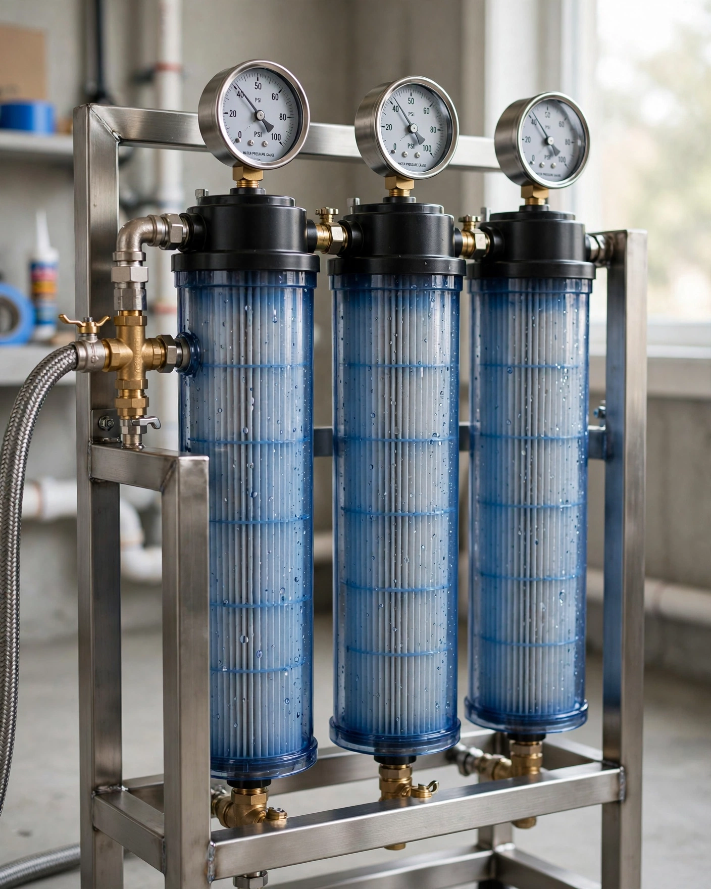 Close-up of the Express Water freestanding stainless steel frame with three tall filter housings and pressure gauges