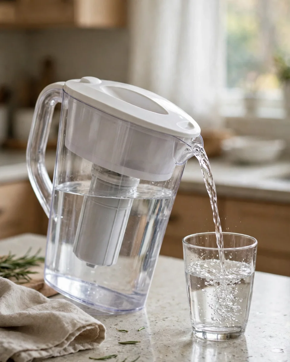Plain water filter pitcher pouring into a glass on a kitchen counter