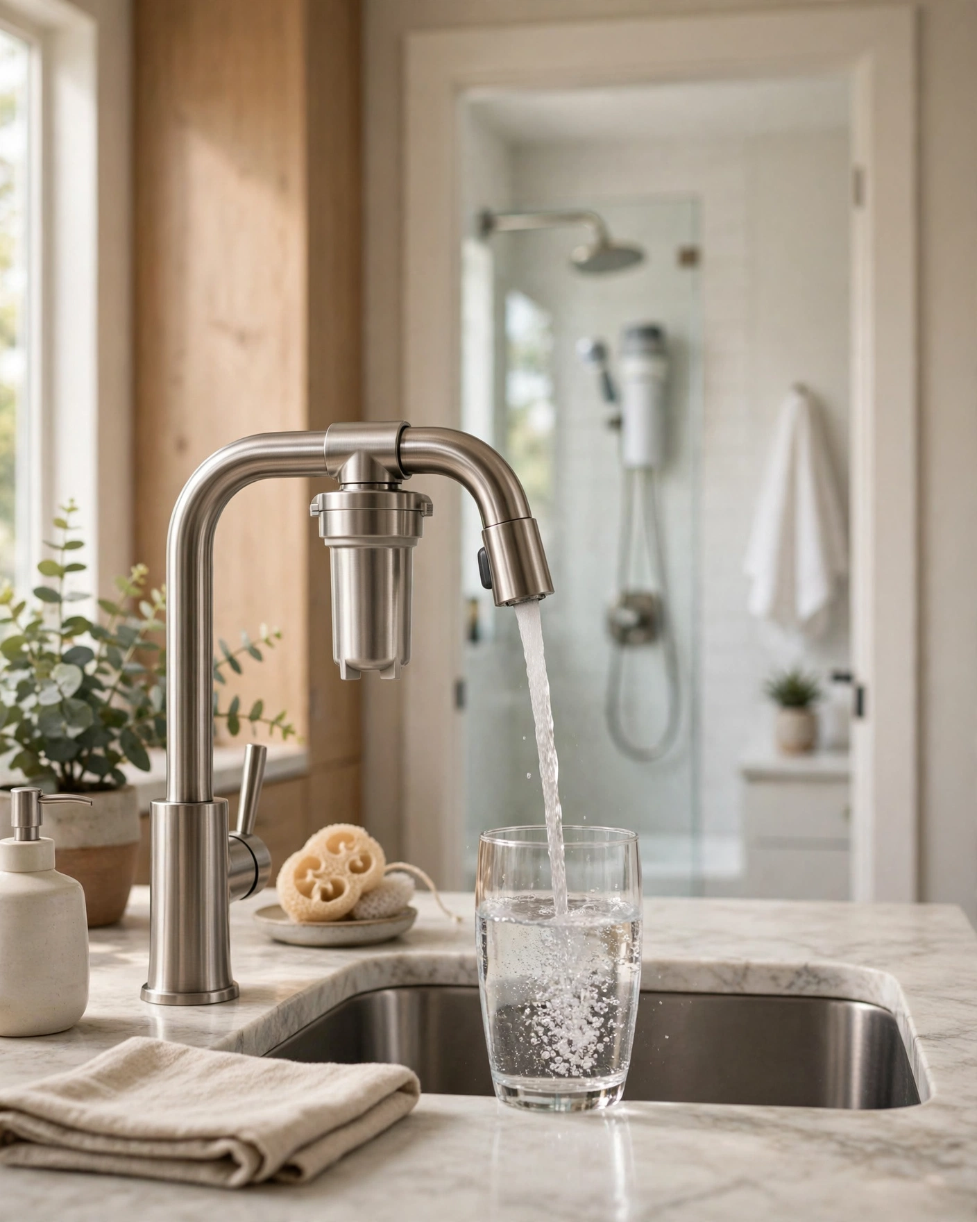 A kitchen faucet filling a glass, with a bathroom visible in the background