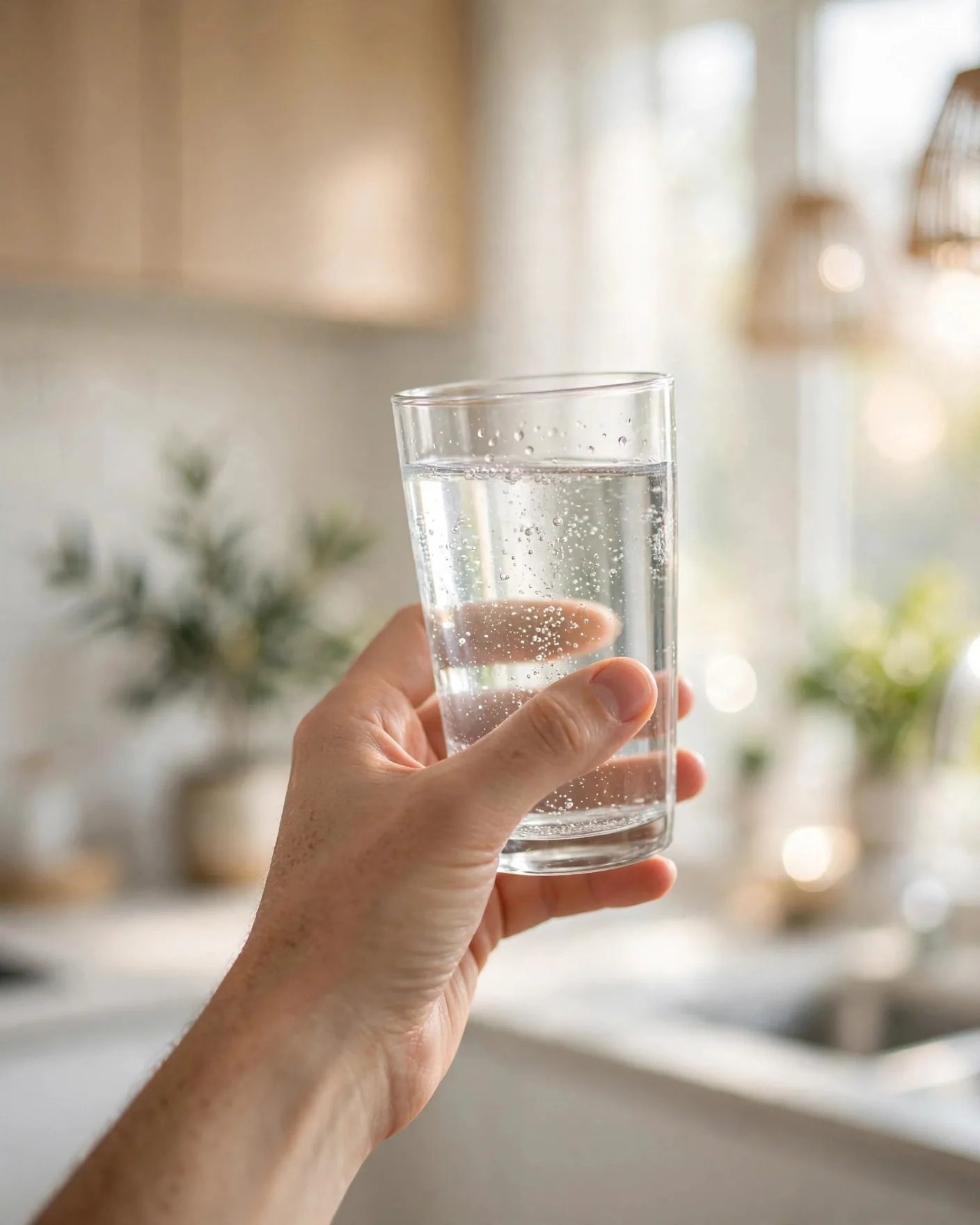 Hand holding a clear glass of clean water up to window light in a bright kitchen