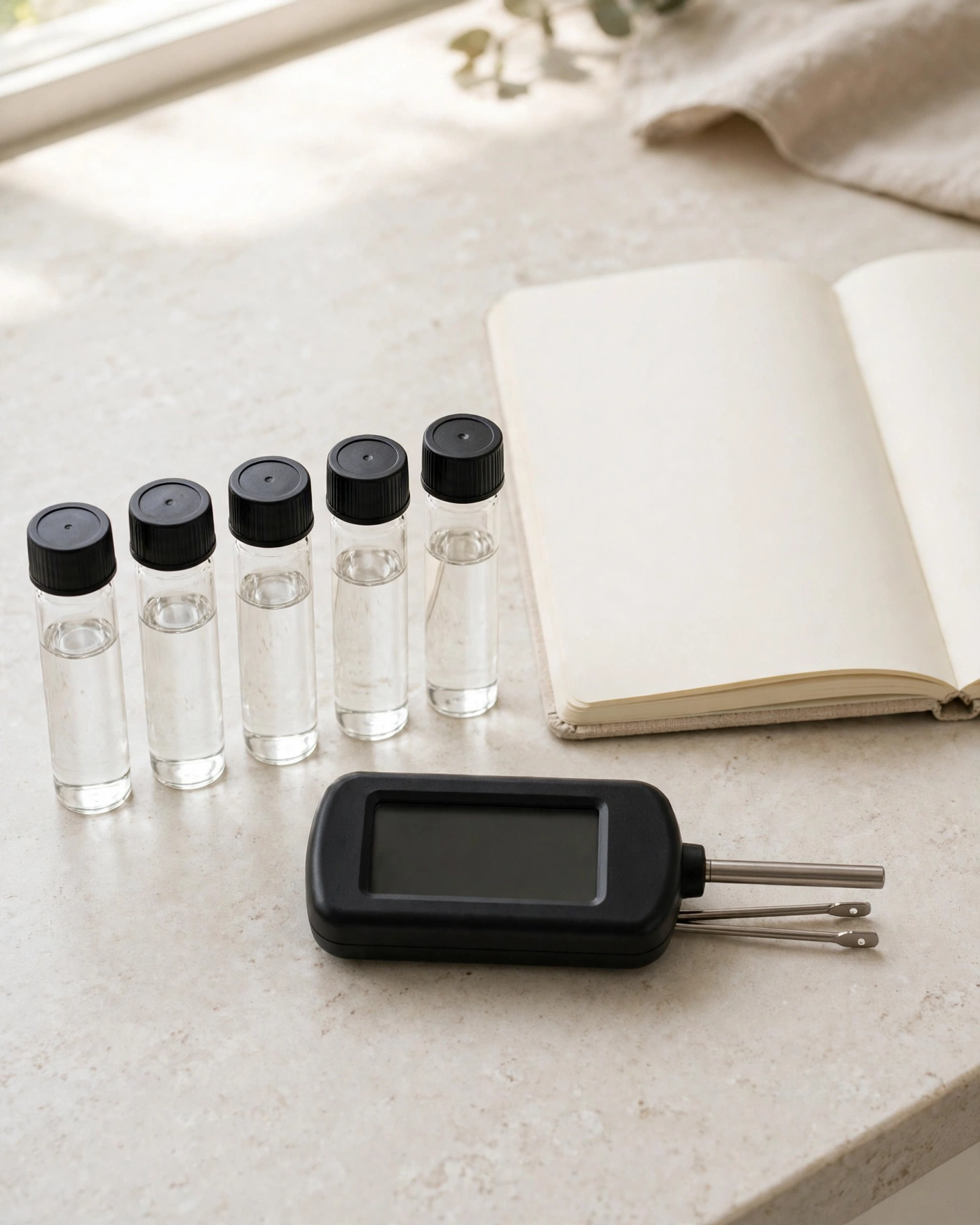 Sample vials, a blank digital meter and a notebook on a counter