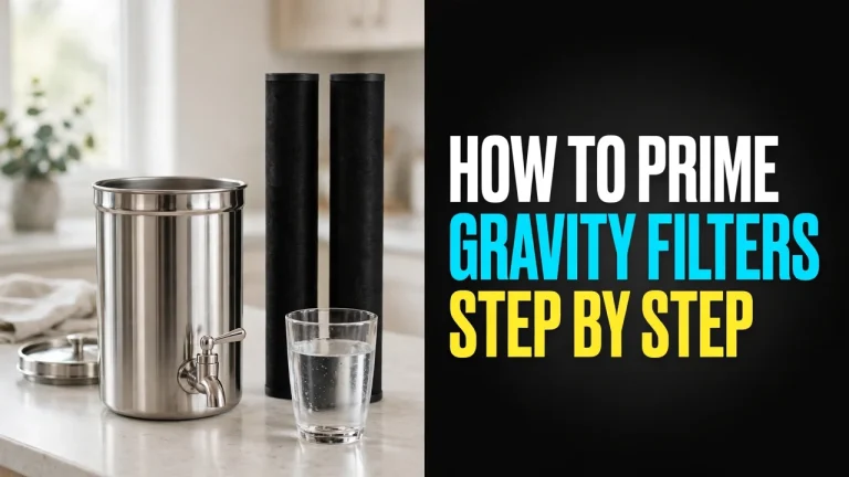 How to prime gravity filters — a stainless gravity filter body beside two black filter elements and a glass of water