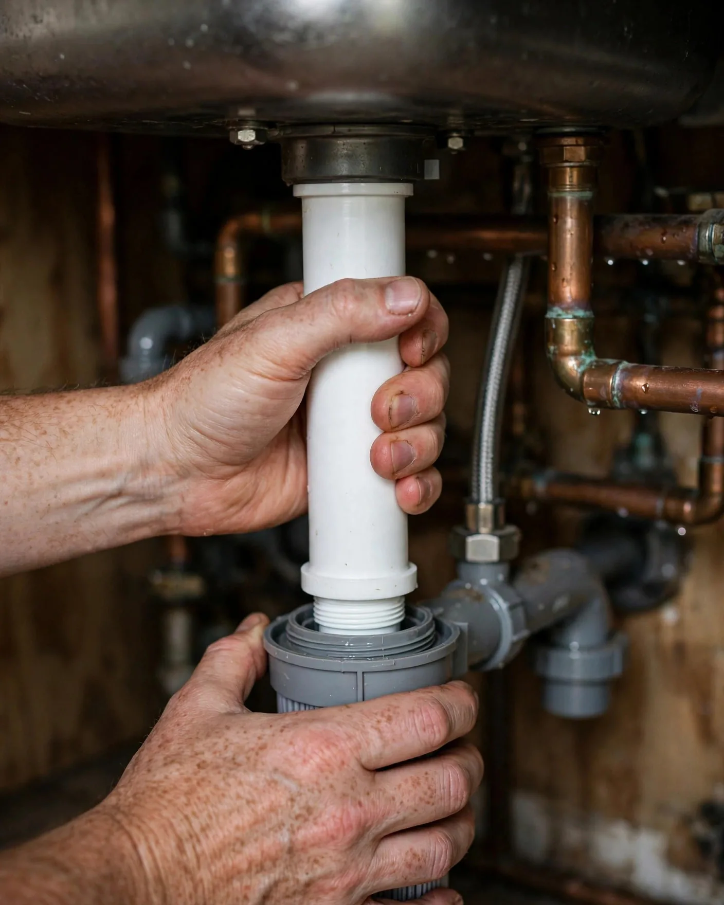 Hands twisting a white filter cartridge into an under-sink filter housing