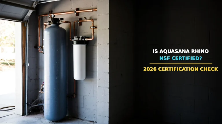 Is the Aquasana Rhino NSF certified? 2026 certification check — twin whole-house filter tanks in a garage
