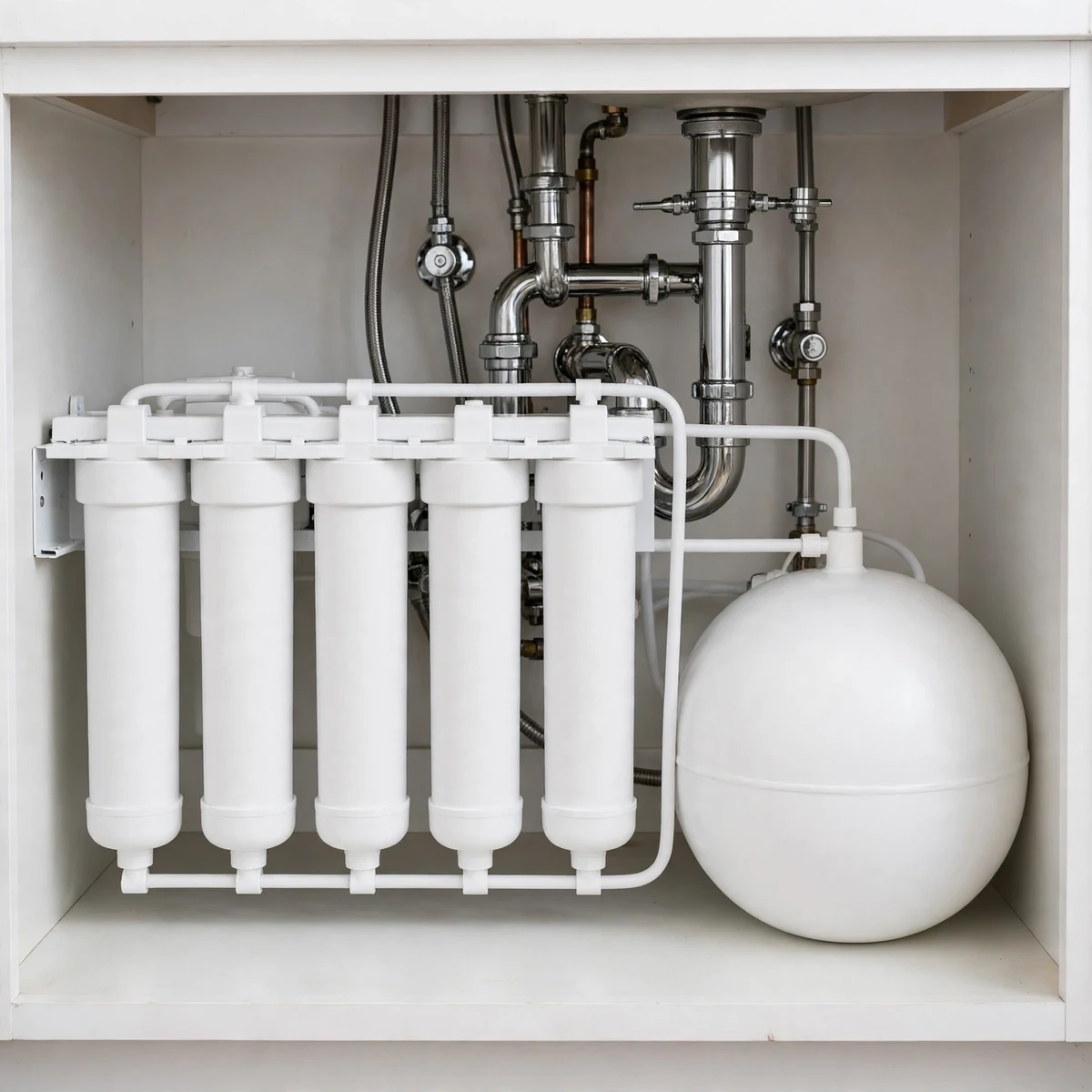 iSpring RCC7 5-stage reverse osmosis system with white storage tank in an open under-sink cabinet