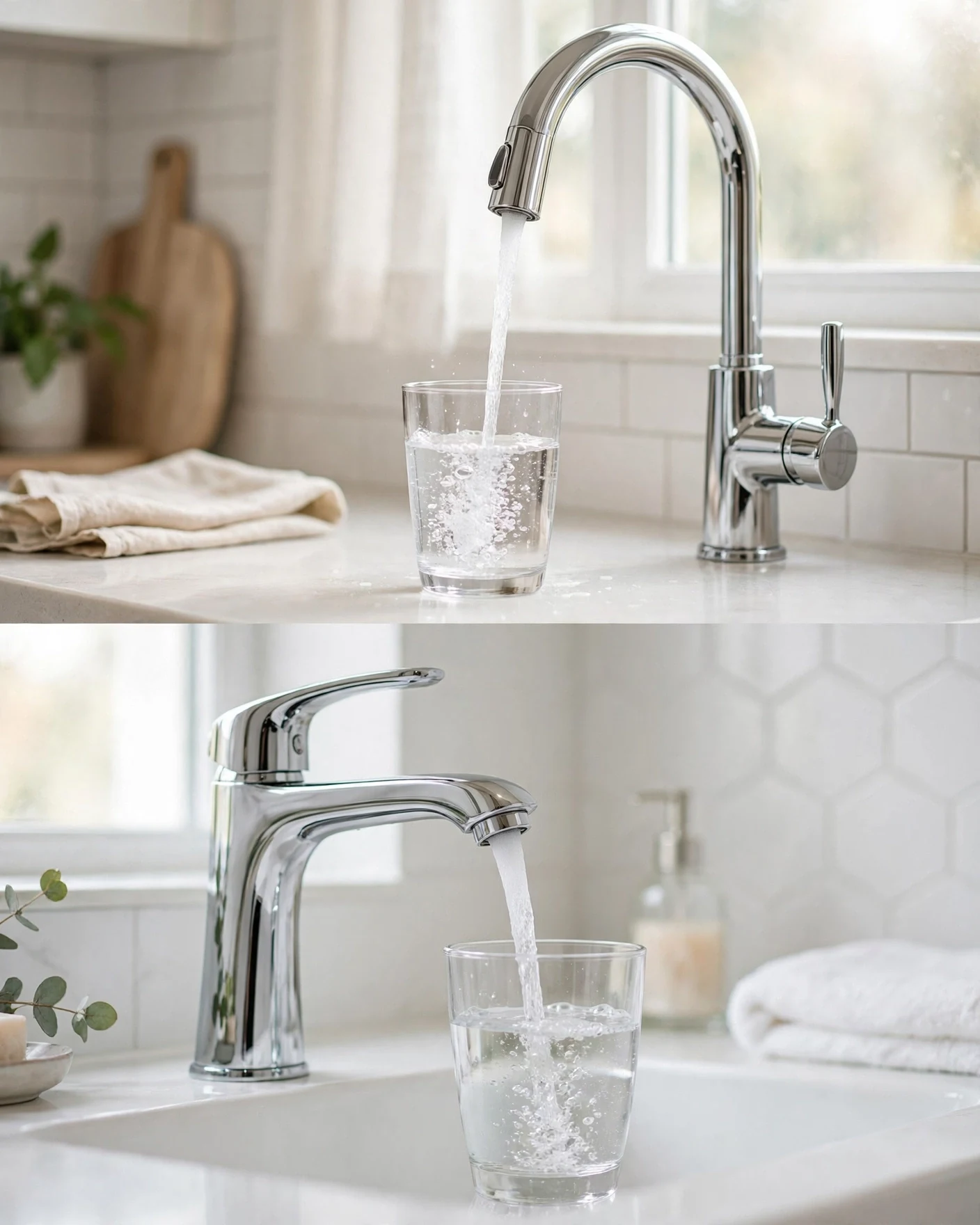 Kitchen and bathroom faucets pouring clear filtered water into glasses