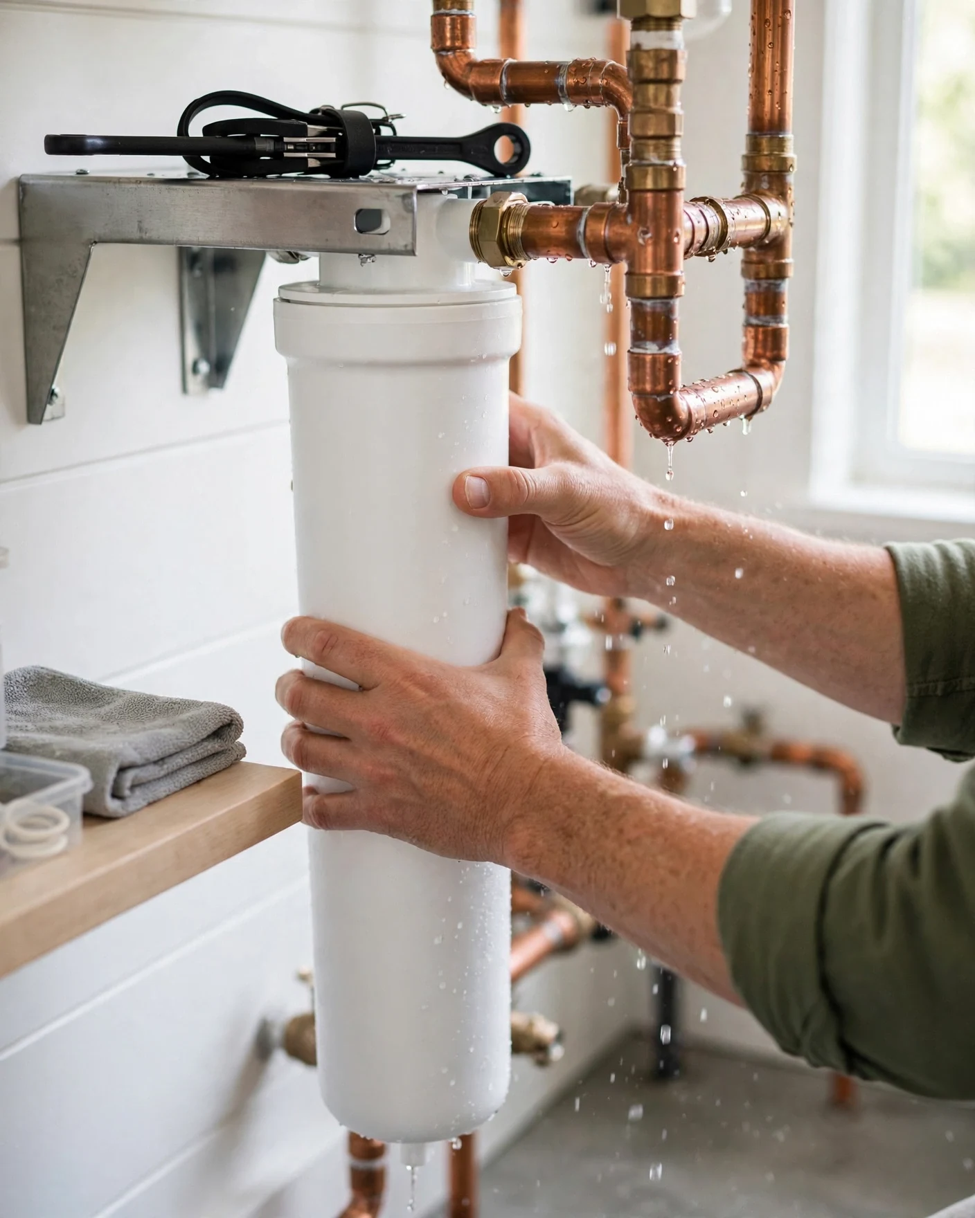 Hands unscrewing a whole-house filter cartridge from a wall-mounted bracket