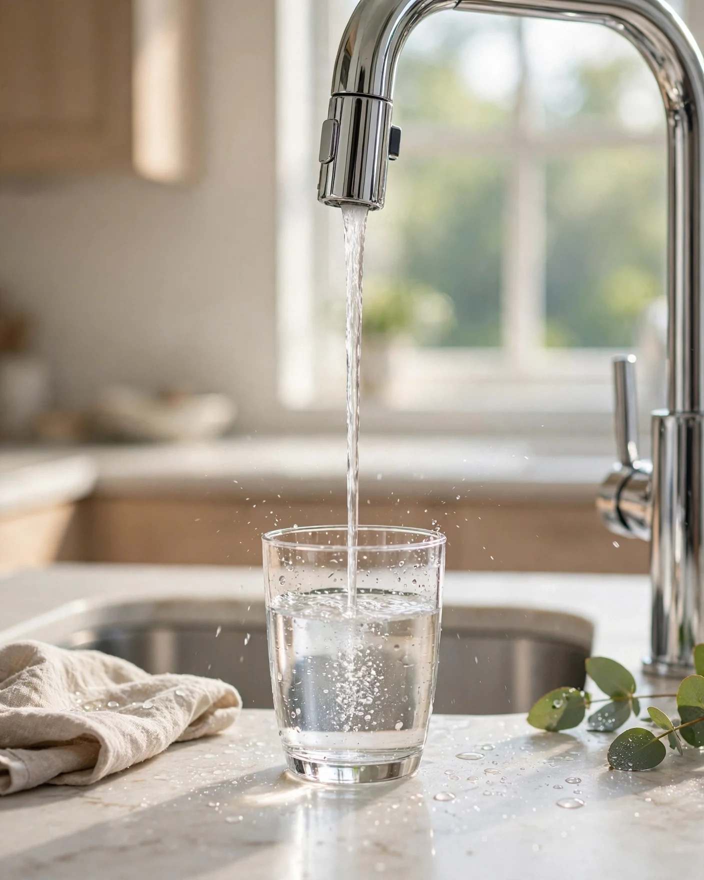 Kitchen faucet pouring clear filtered water into a glass