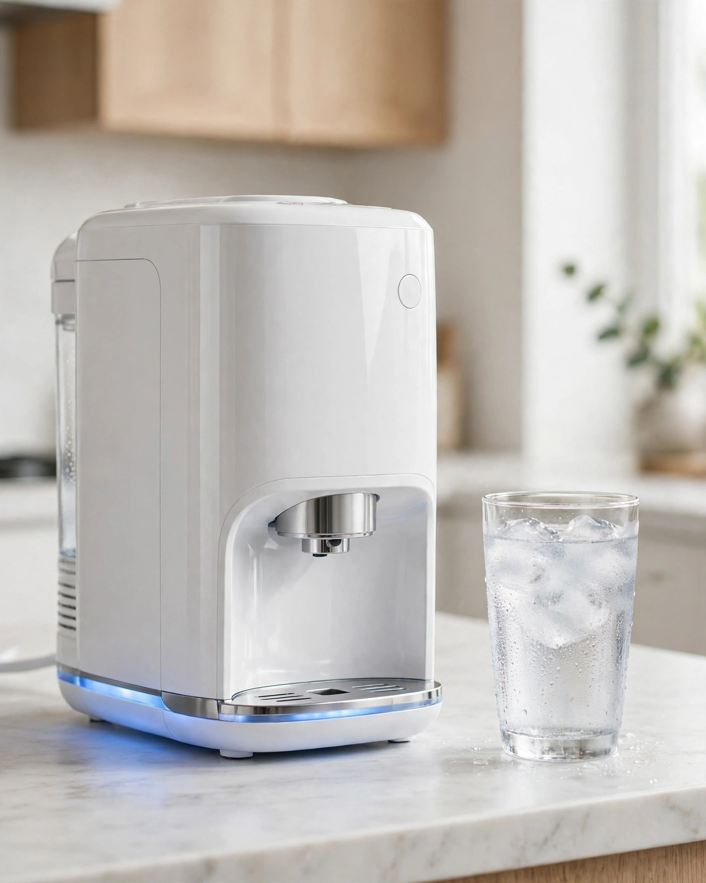 The NOVETE countertop RO appliance with its cooling function highlighted, sitting on a kitchen counter with a glass of ice-cold water