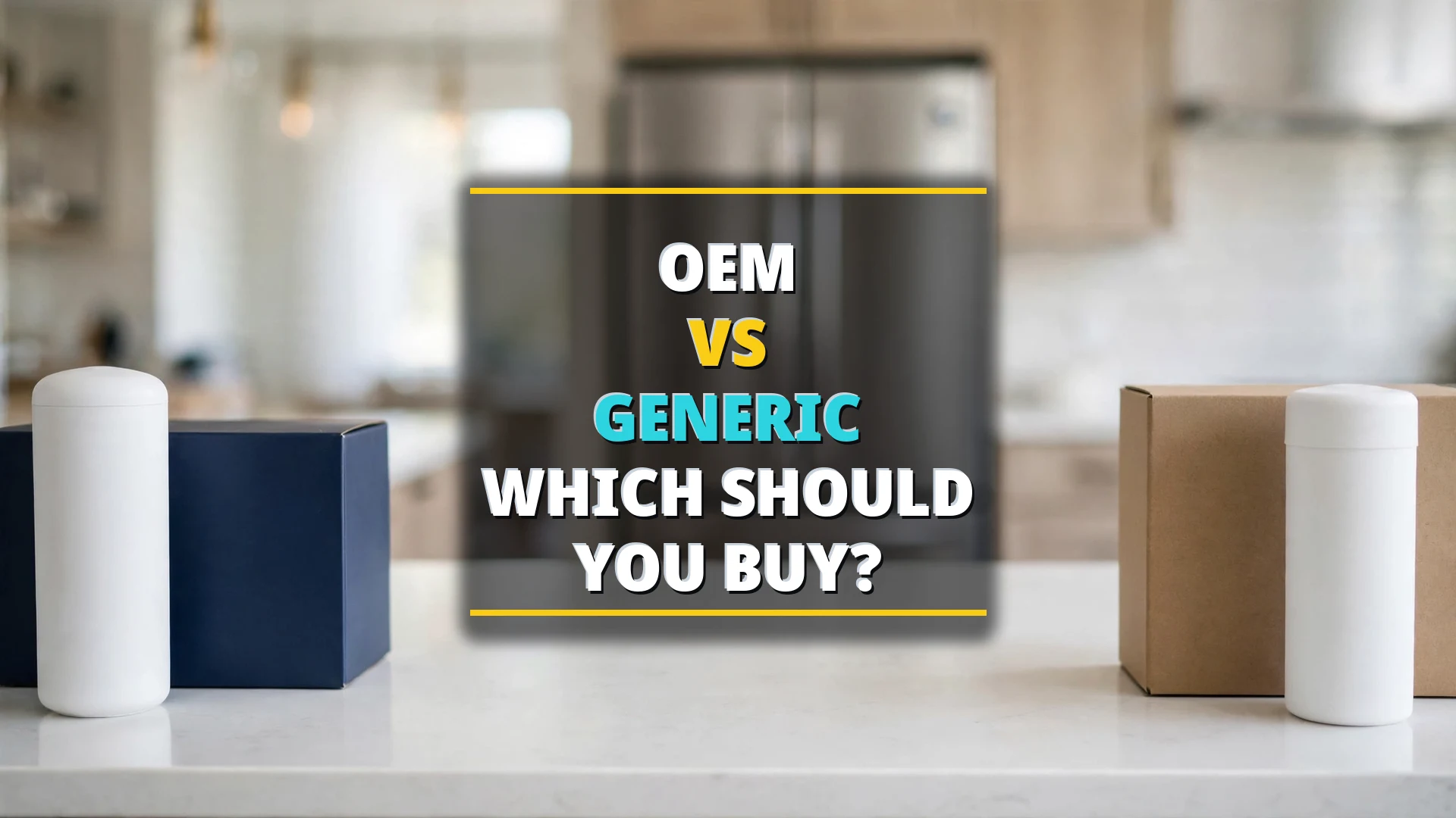 OEM vs generic refrigerator water filters compared — open fridge with two unlabeled cartridges, 2026