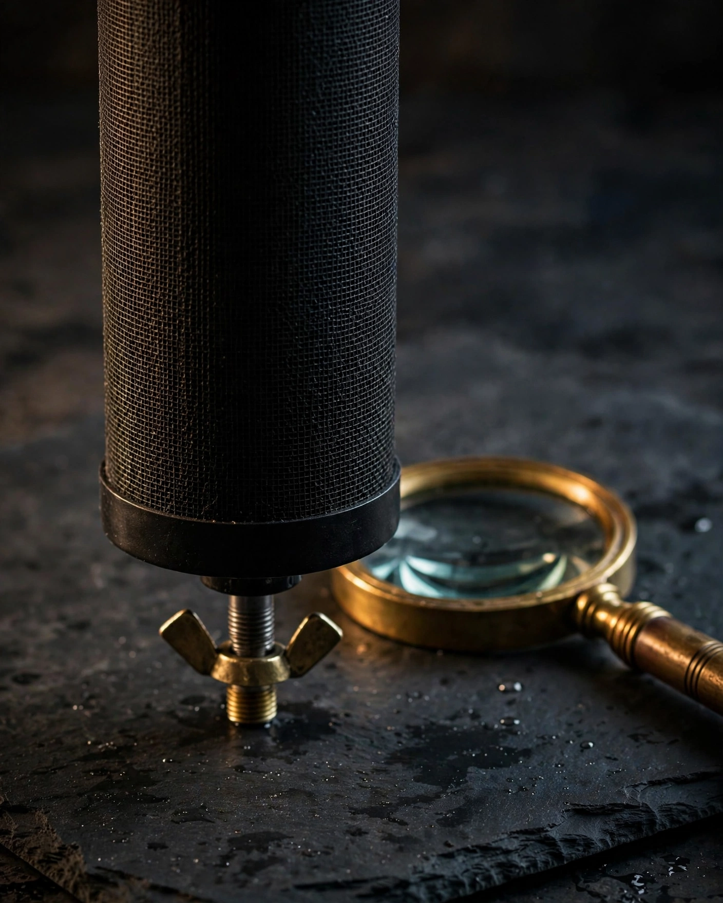 Close-up of a black Nanomesh gravity filter element beside a brass magnifying glass
