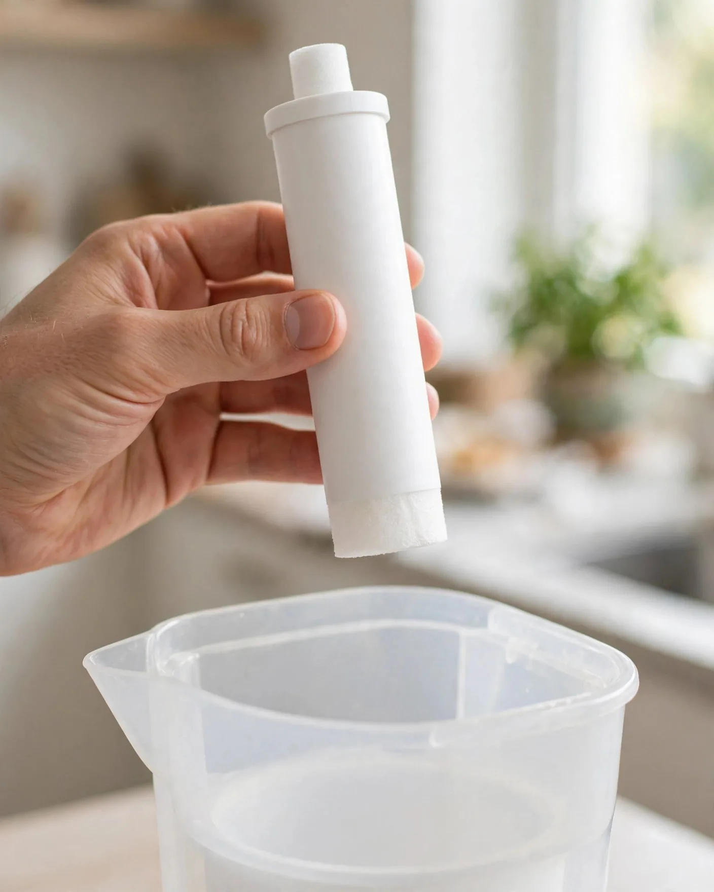 Hand holding a white filter cartridge above an open filter pitcher reservoir