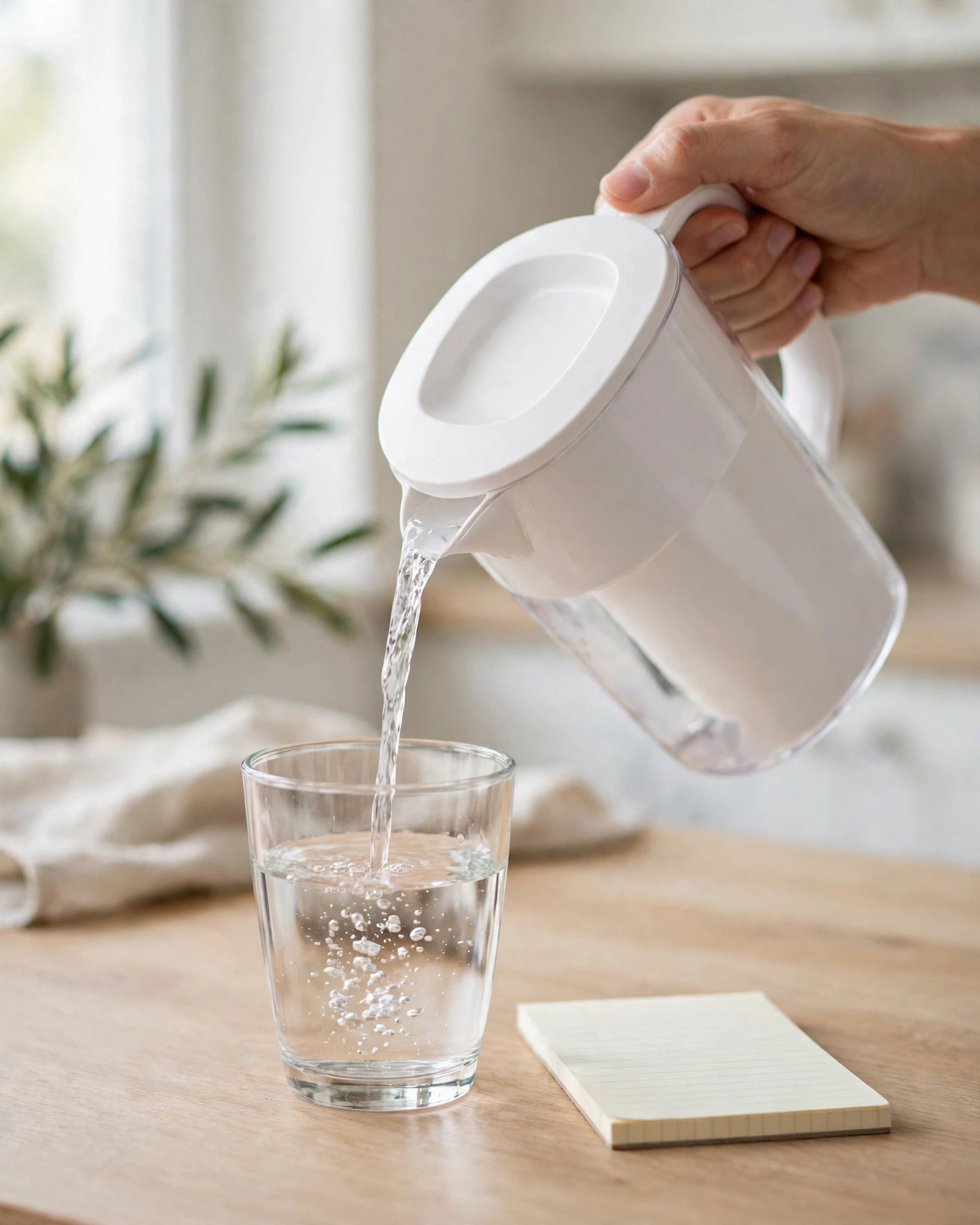 A hand pouring water from a white pitcher into a glass beside a blank notepad