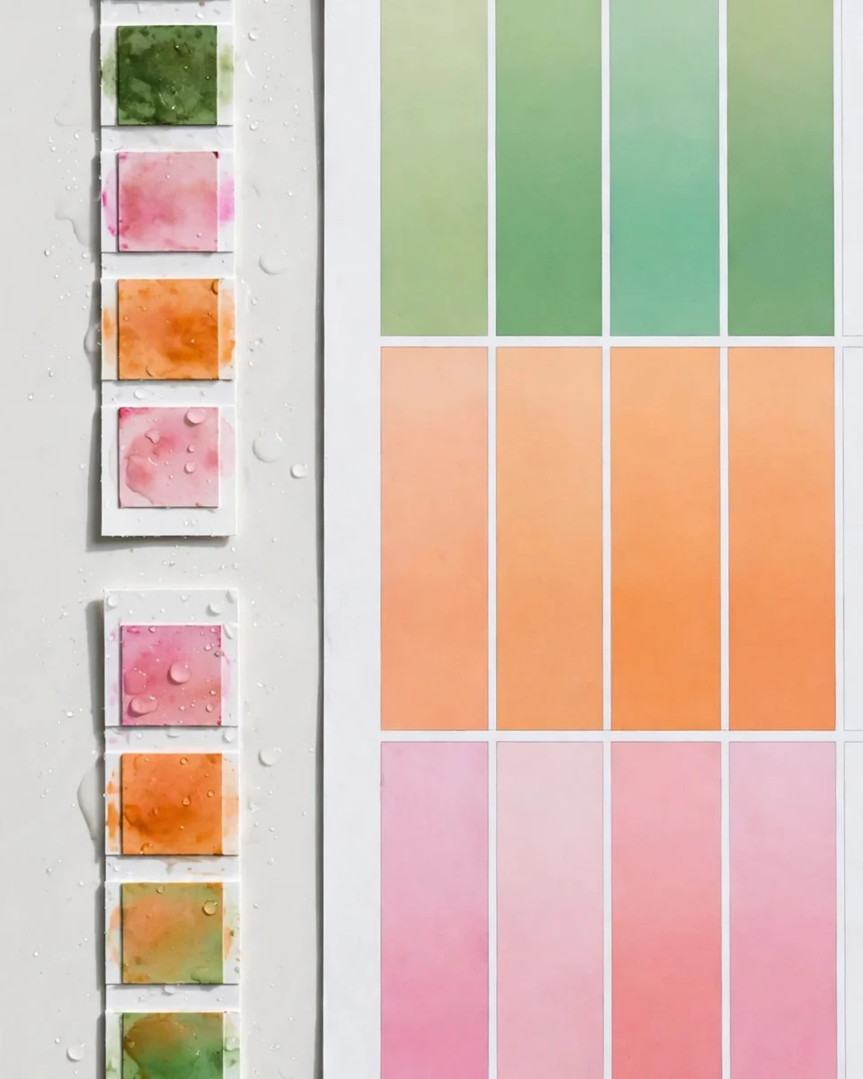 Used test strip pads beside a printed color comparison chart — the band-matching step where strip accuracy is decided