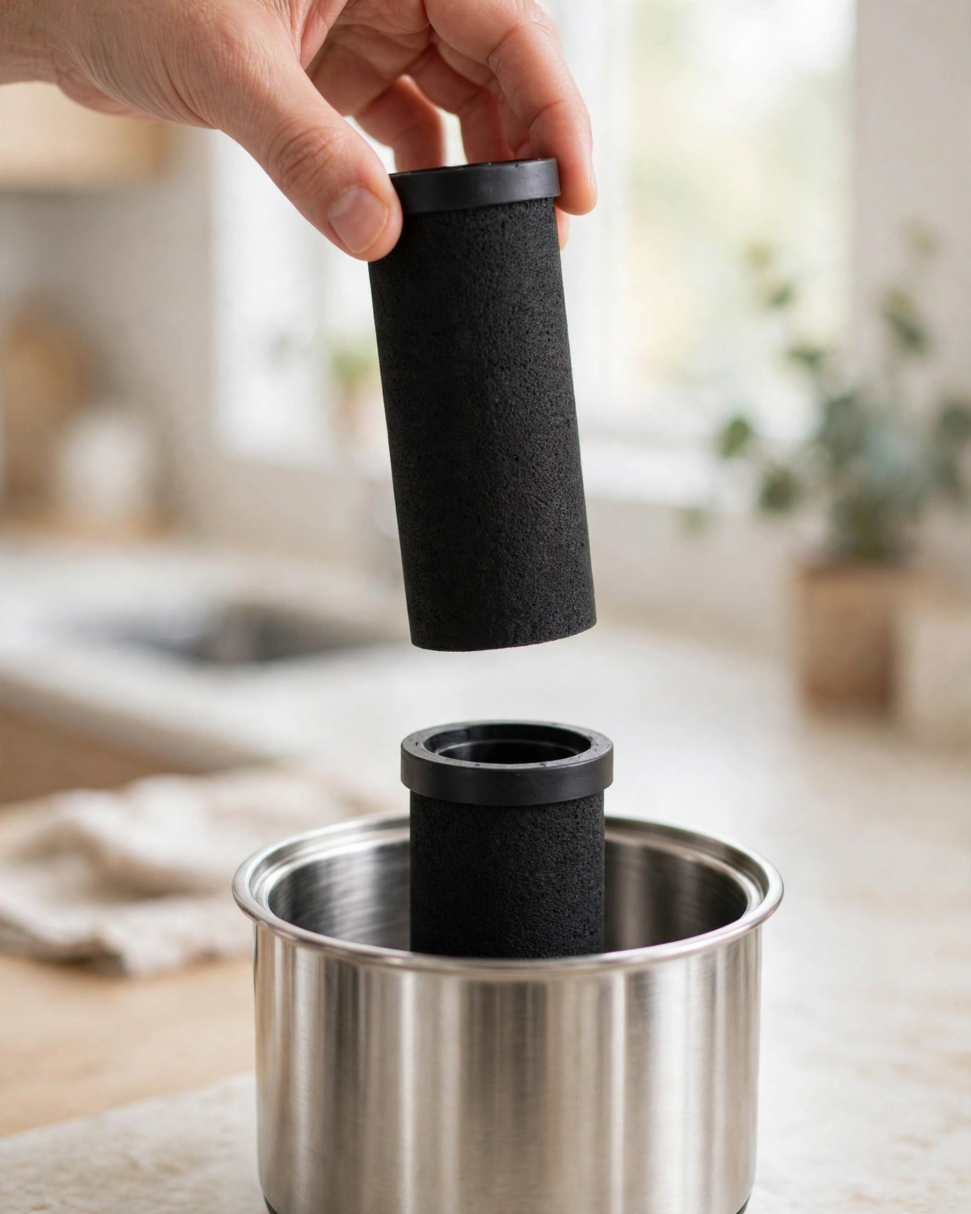 A hand holding a black gravity element above an open upper chamber