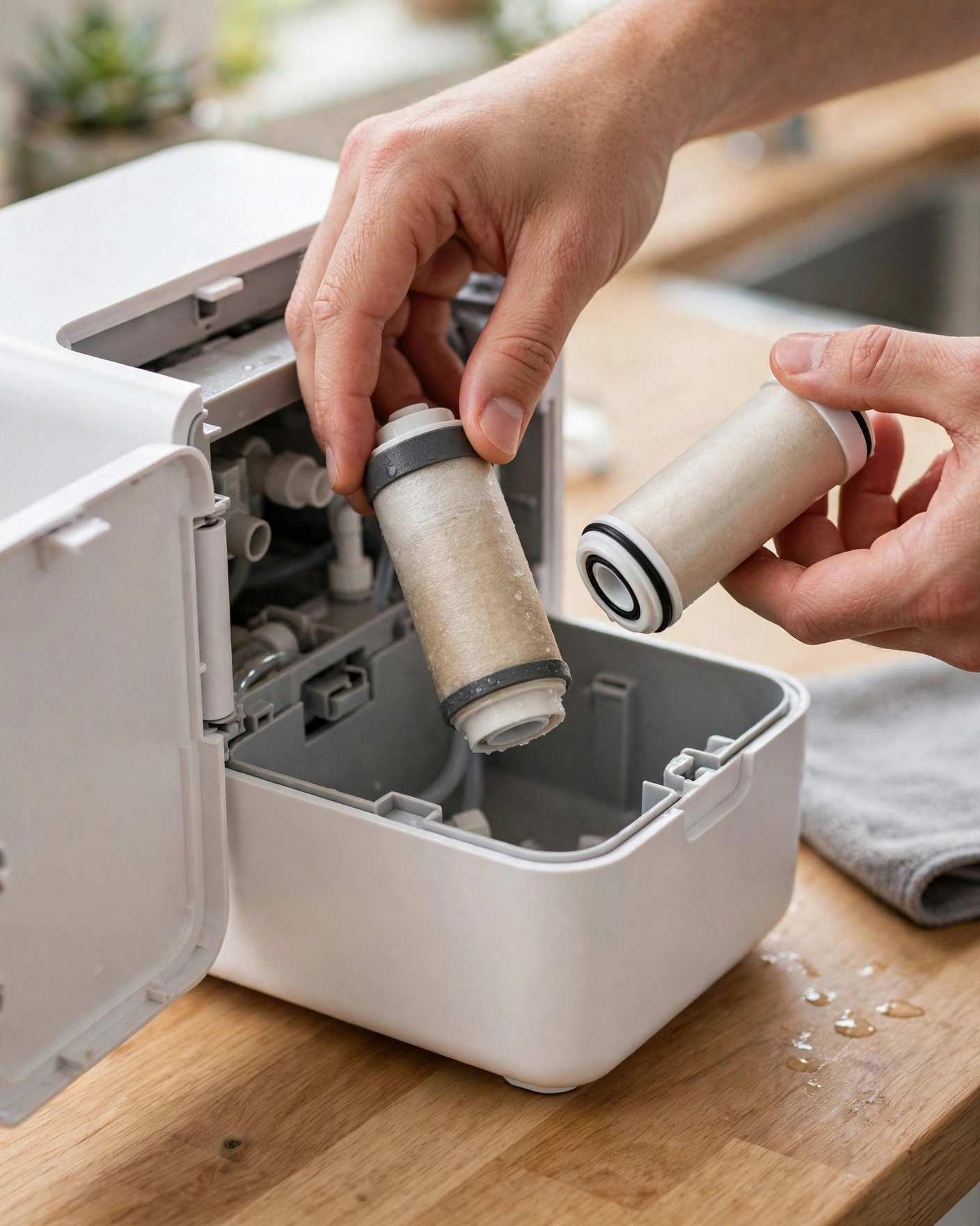 Hands swapping a filter cartridge in a countertop RO appliance on a kitchen counter