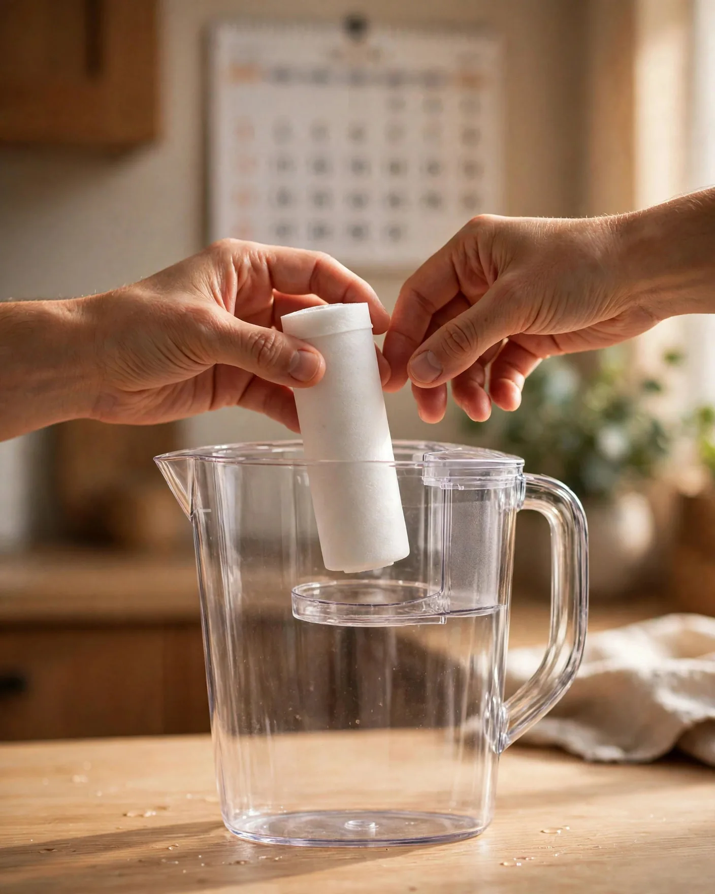 Hands installing a filter cartridge into a pitcher with a calendar blurred behind