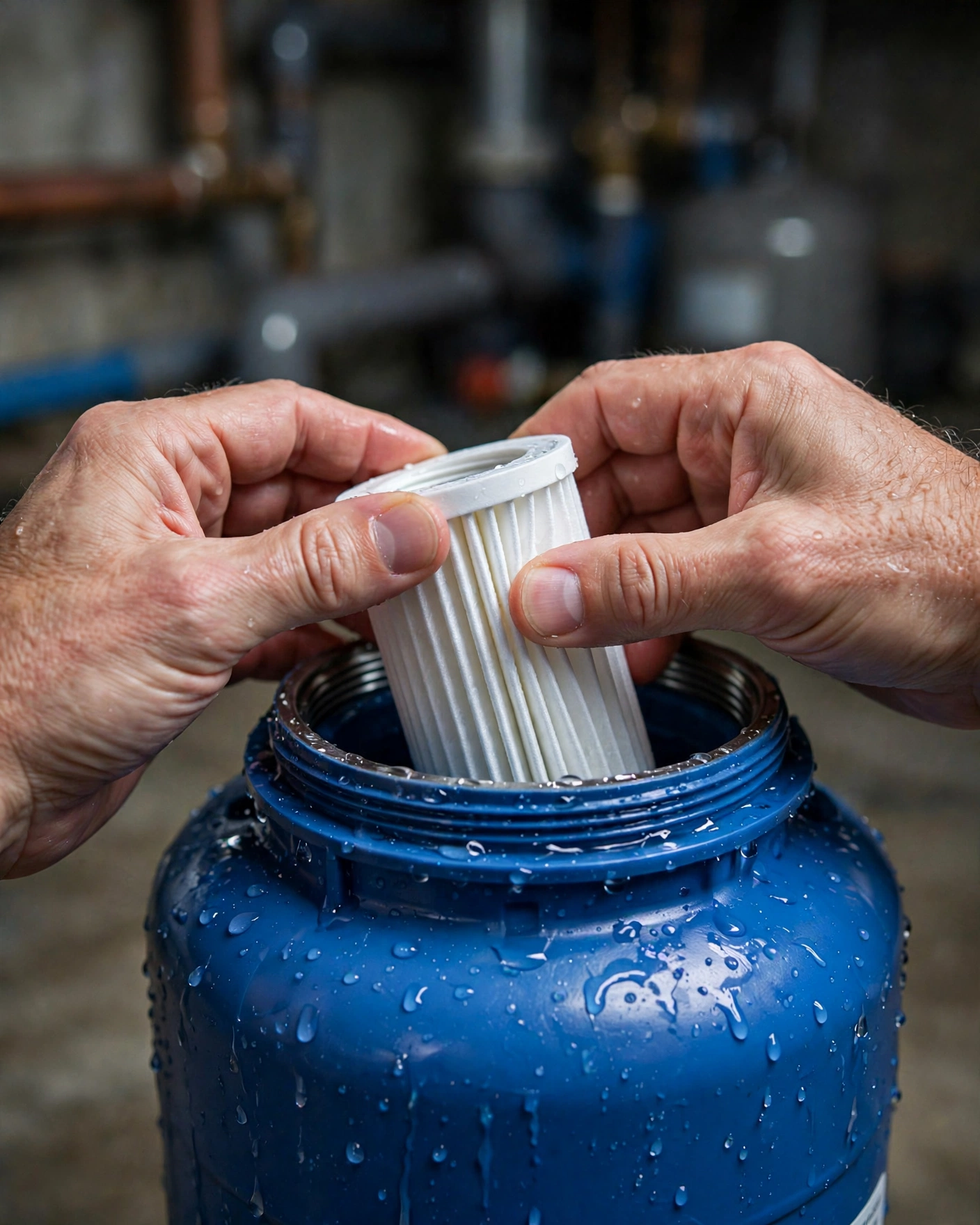 Hands twisting a white replacement filter cartridge into a blue whole-house filter housing