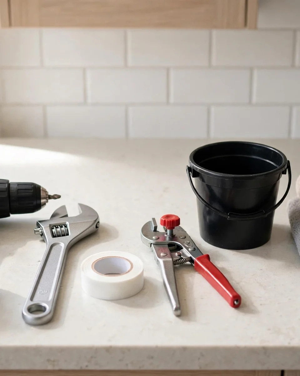 Tools for an RO install laid out: drill, adjustable wrench, Teflon tape, tubing cutter, bucket and towels